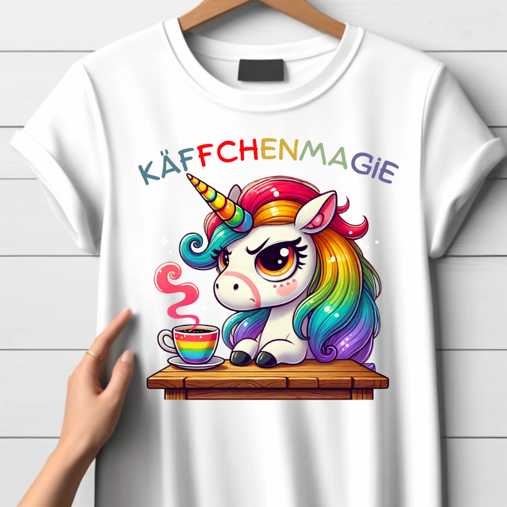 Kaffechenmagie Einhorn | Lustiges Statement Shirt mit Regenbogen-Unicorn | Ideal für kalte Wintertage | Damen T-Shirt aus 100% Baumwolle