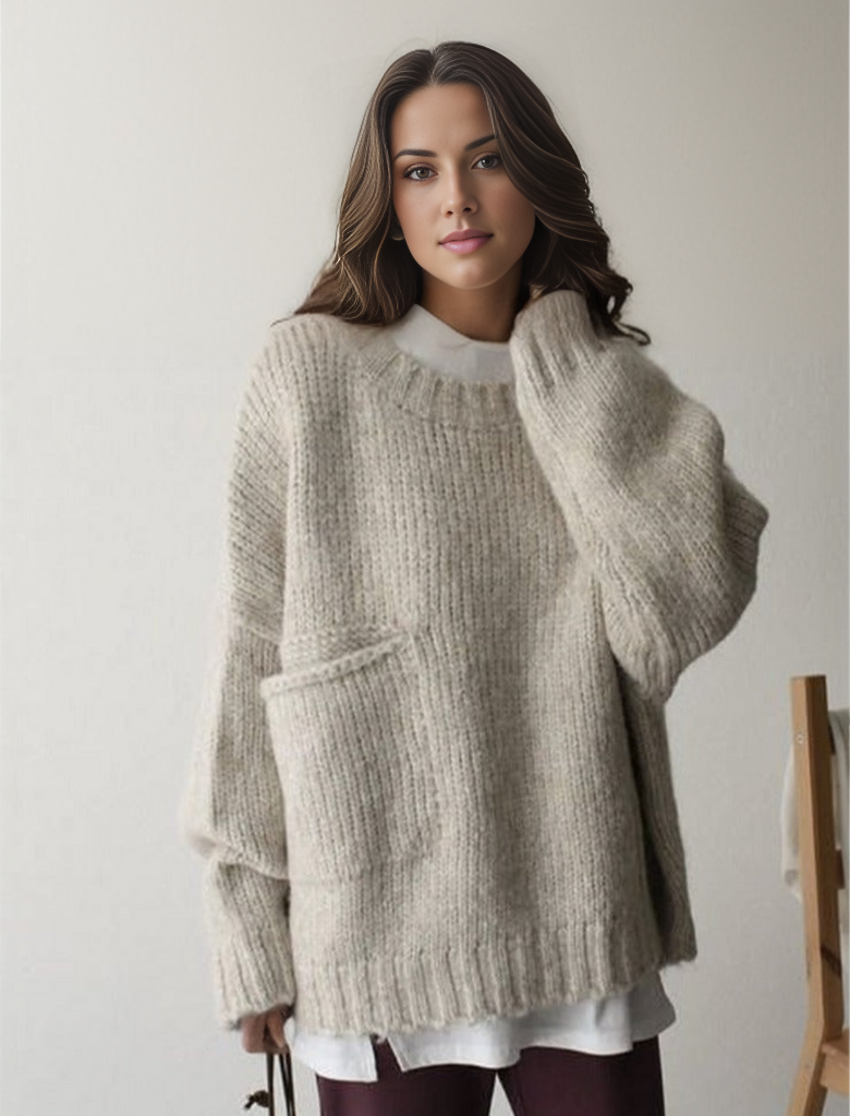 FallStil® - Oversize Pullover mit elfenbeinfarbener Taschenfront