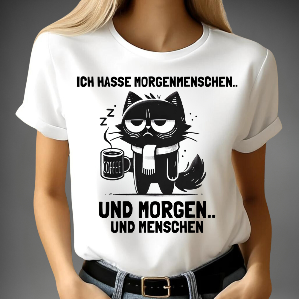 Morgenmuffel Katze | Lustiges Statement-Shirt | Humorvolles Design für Wintertage | Damen T-Shirt aus Baumwolle