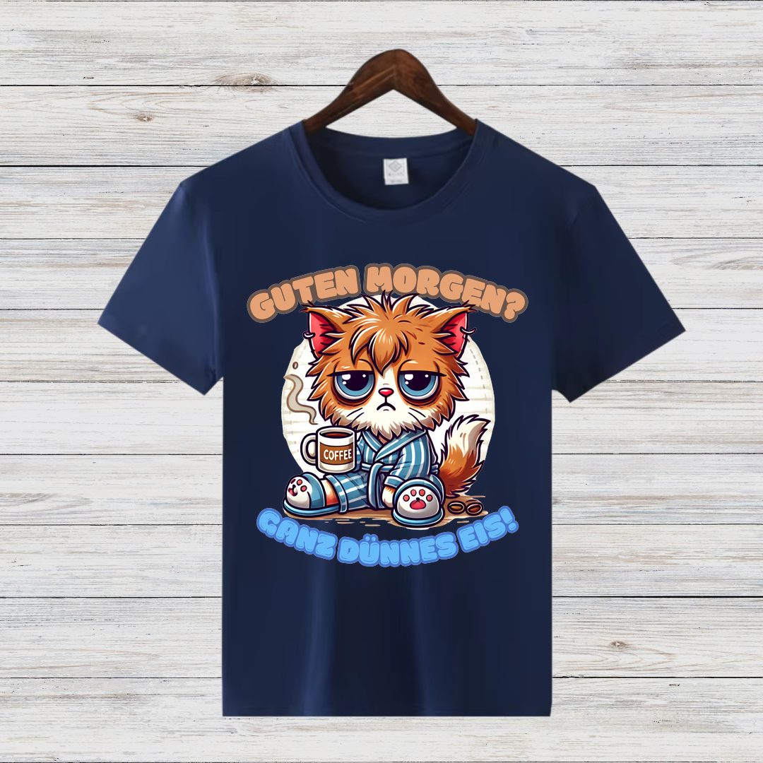 Schlafmuffel Katze | Lustiges Morgenmuffel-Shirt | Humorvolles Katzen-Design | Statement-Shirt für Kaffeeliebhaber