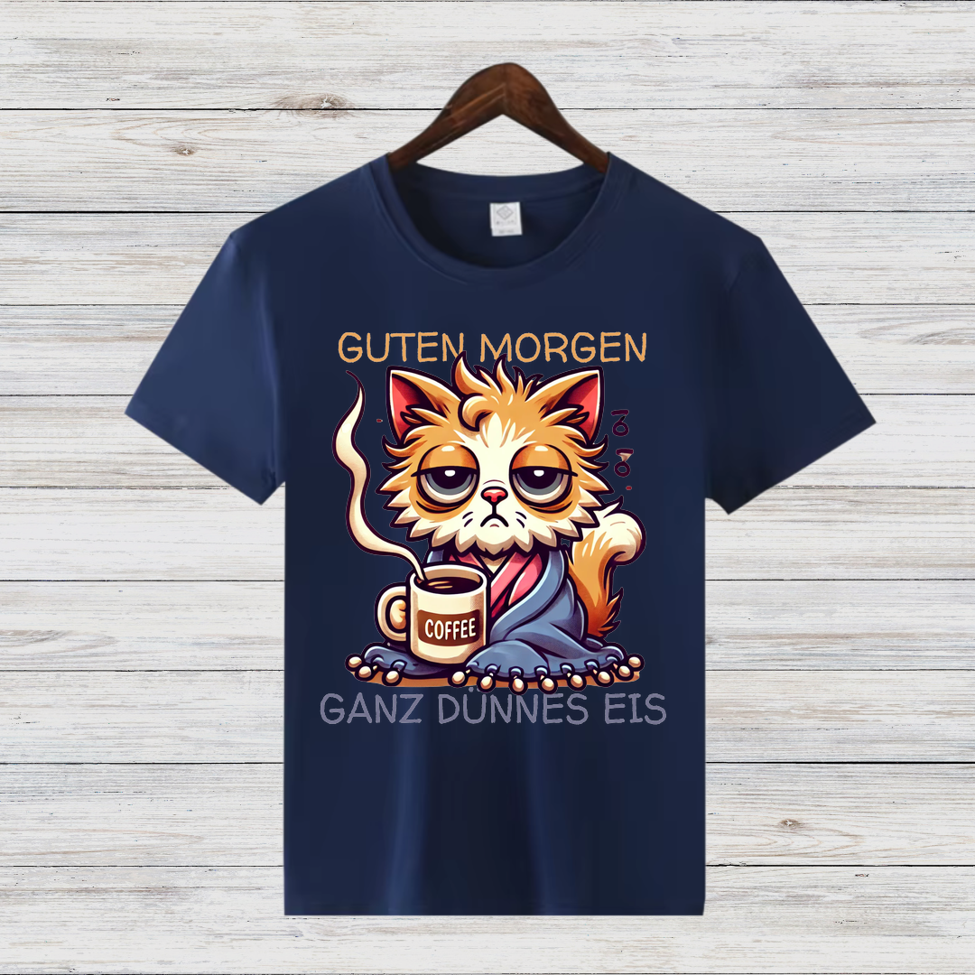 Guten Morgen Katze | Lustiges Statement Shirt | Humorvolles Katzen-Design | Perfekt für Kaffeeliebhaber | Damen T-Shirt für den Winter