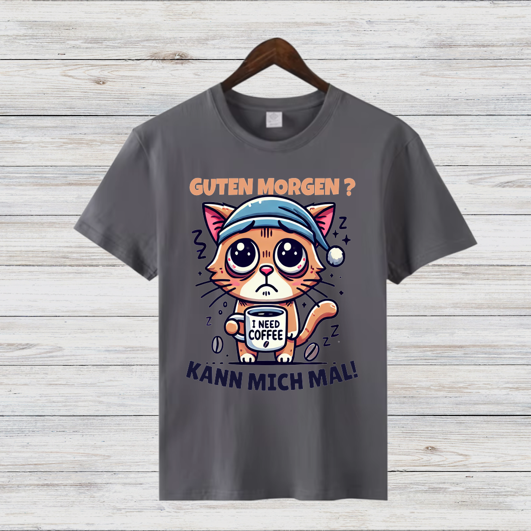 Guten Morgen Katze | Lustiges Kaffeeliebhaber-Shirt | Humorvolles Design für Wintertage | Statement-Shirt für Katzenfans