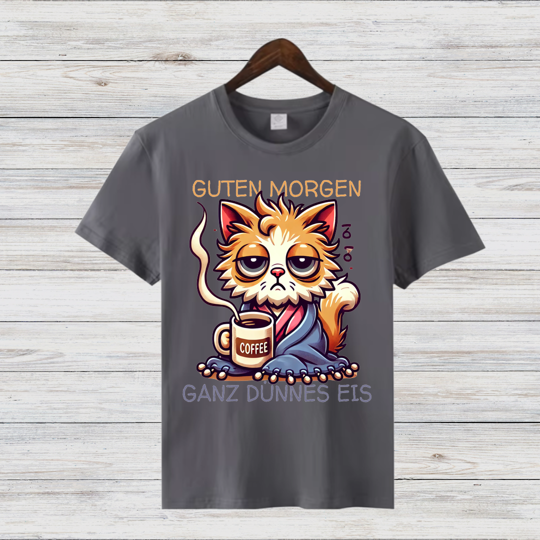 Guten Morgen Katze | Lustiges Statement Shirt | Humorvolles Katzen-Design | Perfekt für Kaffeeliebhaber | Damen T-Shirt für den Winter