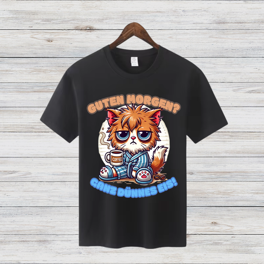 Schlafmuffel Katze | Lustiges Morgenmuffel-Shirt | Humorvolles Katzen-Design | Statement-Shirt für Kaffeeliebhaber