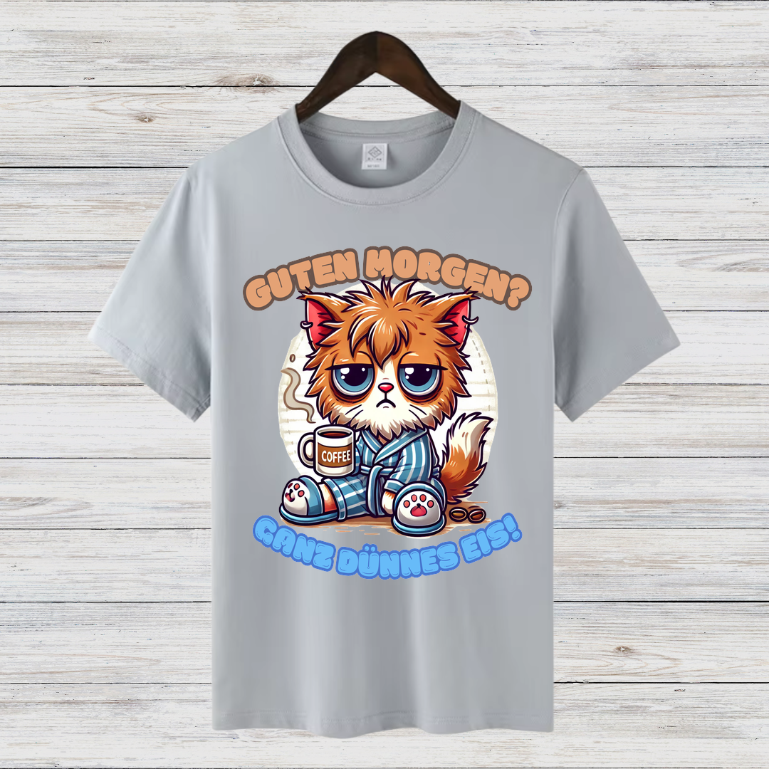 Schlafmuffel Katze | Lustiges Morgenmuffel-Shirt | Humorvolles Katzen-Design | Statement-Shirt für Kaffeeliebhaber