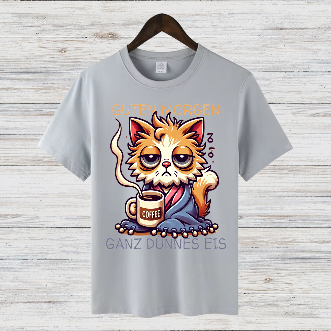 Guten Morgen Katze | Lustiges Statement Shirt | Humorvolles Katzen-Design | Perfekt für Kaffeeliebhaber | Damen T-Shirt für den Winter