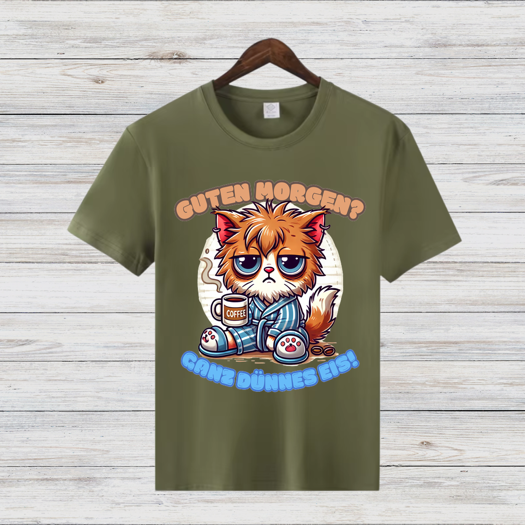 Schlafmuffel Katze | Lustiges Morgenmuffel-Shirt | Humorvolles Katzen-Design | Statement-Shirt für Kaffeeliebhaber