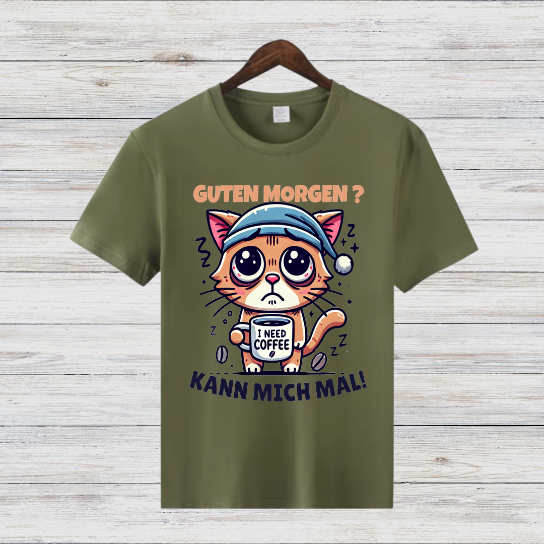 Guten Morgen Katze | Lustiges Kaffeeliebhaber-Shirt | Humorvolles Design für Wintertage | Statement-Shirt für Katzenfans