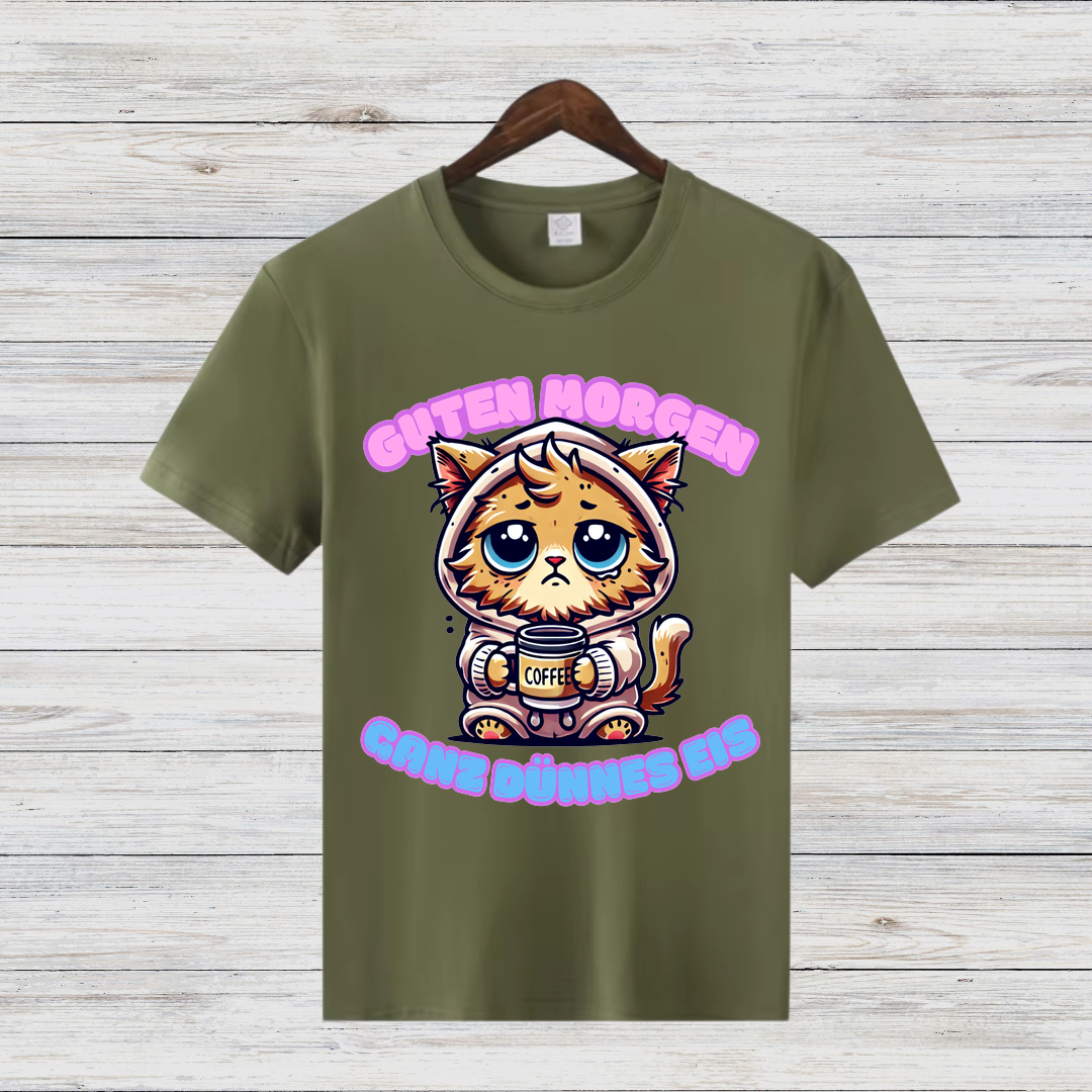 Guten Morgen Katze | Lustiges Wintershirt | Niedliches Katzen-Design | Statement Shirt für Kaffeeliebhaberinnen