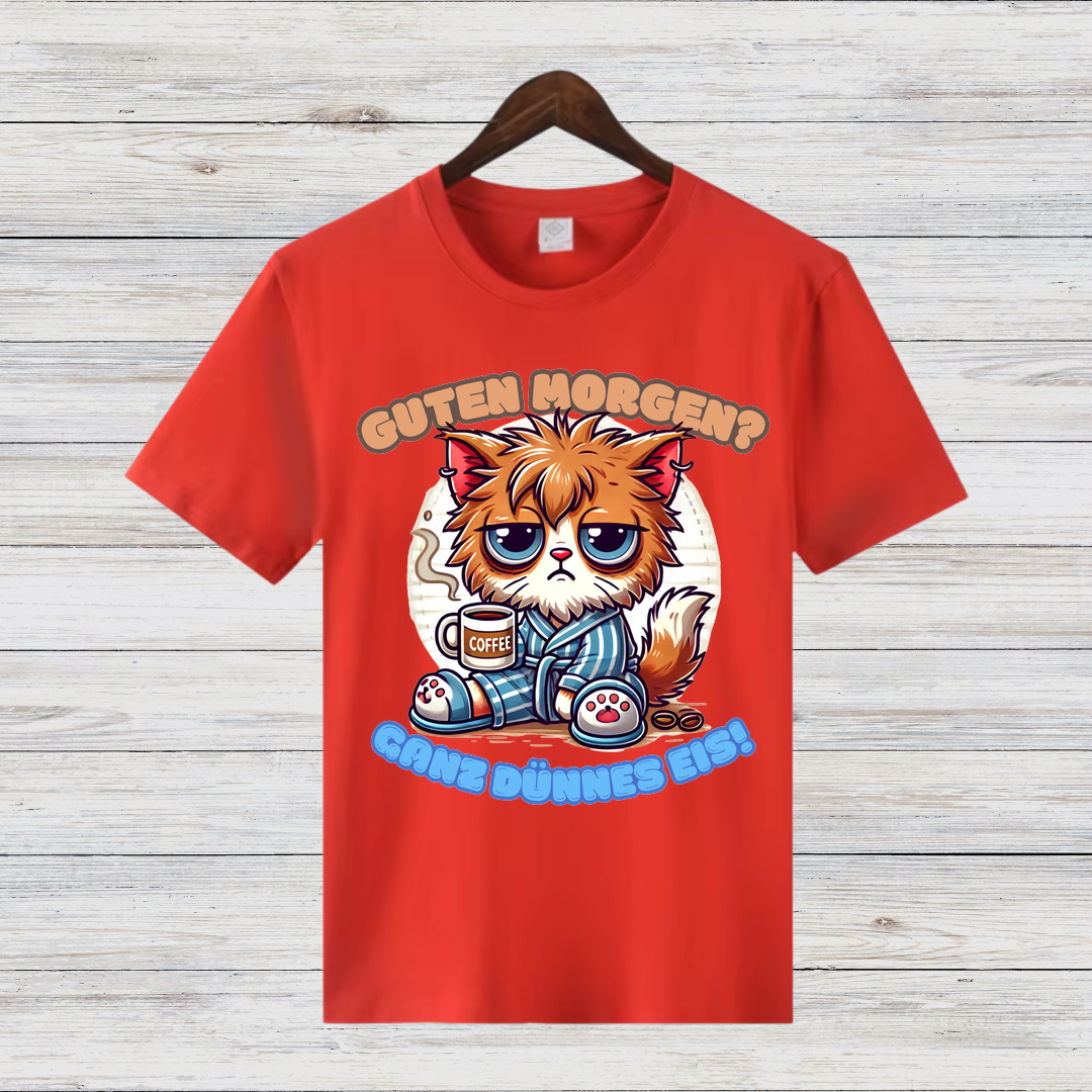 Schlafmuffel Katze | Lustiges Morgenmuffel-Shirt | Humorvolles Katzen-Design | Statement-Shirt für Kaffeeliebhaber