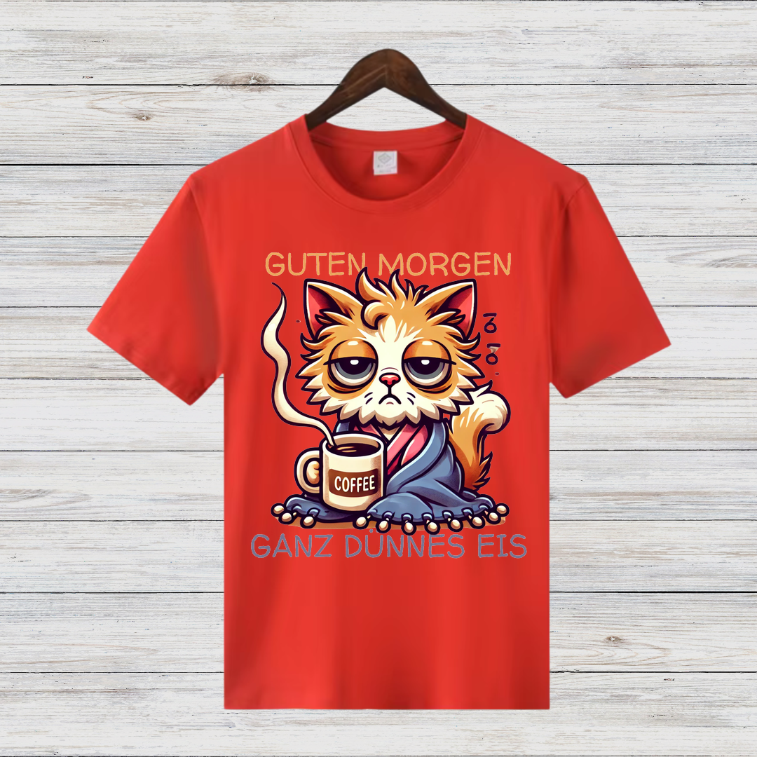 Guten Morgen Katze | Lustiges Statement Shirt | Humorvolles Katzen-Design | Perfekt für Kaffeeliebhaber | Damen T-Shirt für den Winter