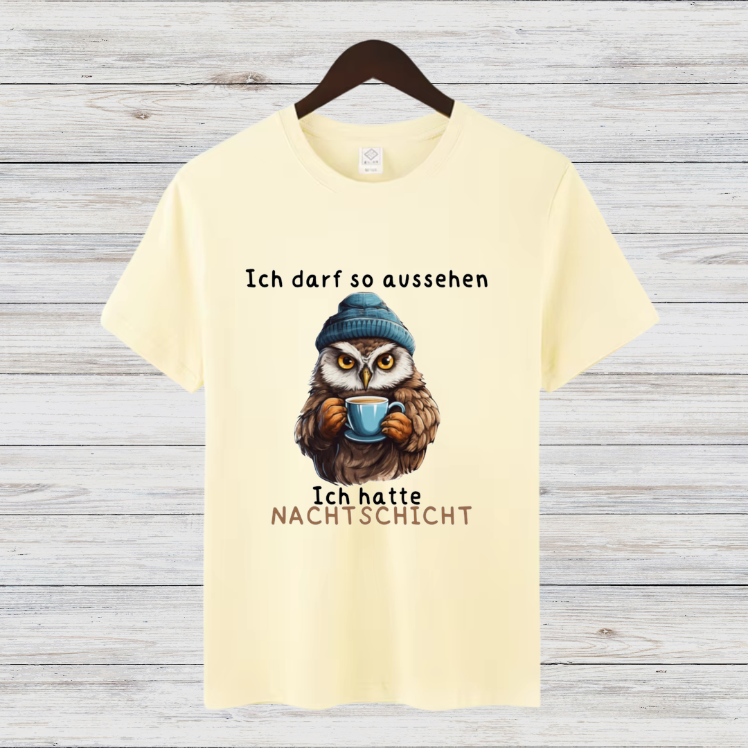 Nachtschicht Eule | Lustiges Damen T-Shirt | Humorvolles Design für kalte Wintertage | Statement Shirt für Frauen