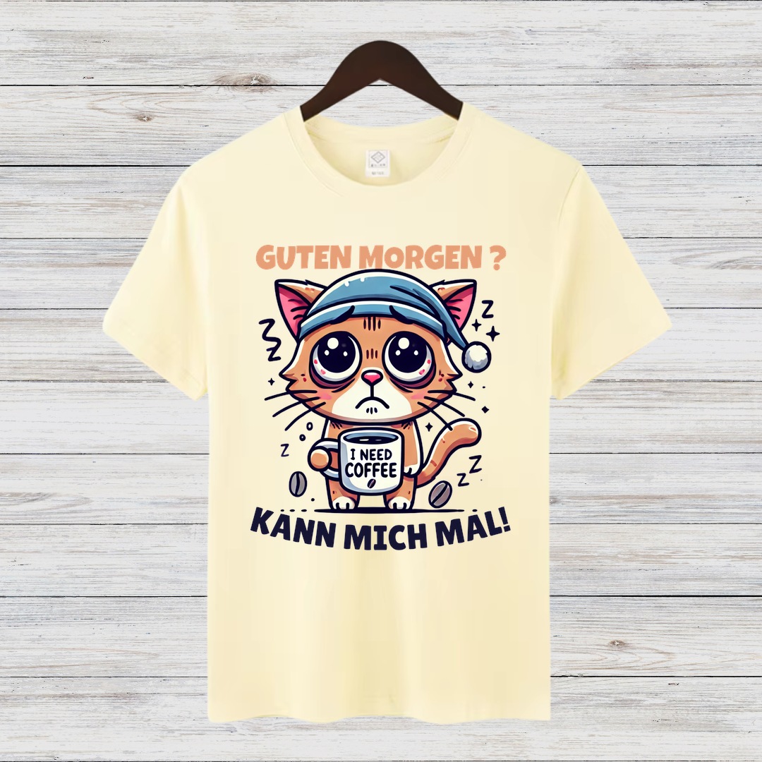 Guten Morgen Katze | Lustiges Kaffeeliebhaber-Shirt | Humorvolles Design für Wintertage | Statement-Shirt für Katzenfans