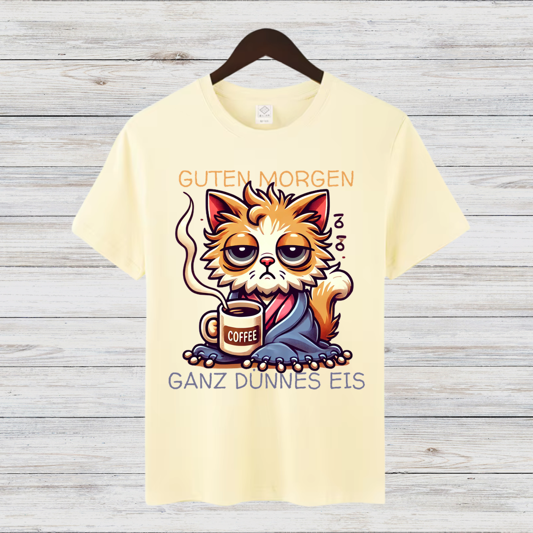 Guten Morgen Katze | Lustiges Statement Shirt | Humorvolles Katzen-Design | Perfekt für Kaffeeliebhaber | Damen T-Shirt für den Winter