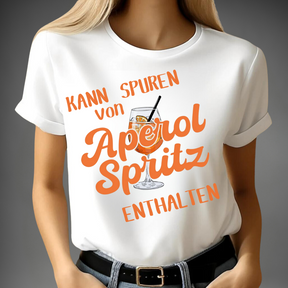 Kann Spuren von Aperol Spritz enthalten | Witziges T-Shirt für den Winter | Statement Shirt für Aperol-Liebhaber | Lustiges Design für Damen